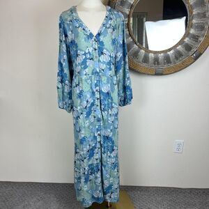 Style & Co Dress Womens 2X Teal Blue Floral Maxi Arles FL Tie Waist Linen boho